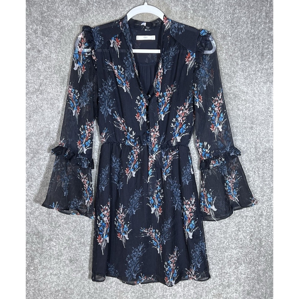 MNG Whimsigoth Crinkle Dress Womens Size 2 Black Floral Sheer Bell Sleeve Lined